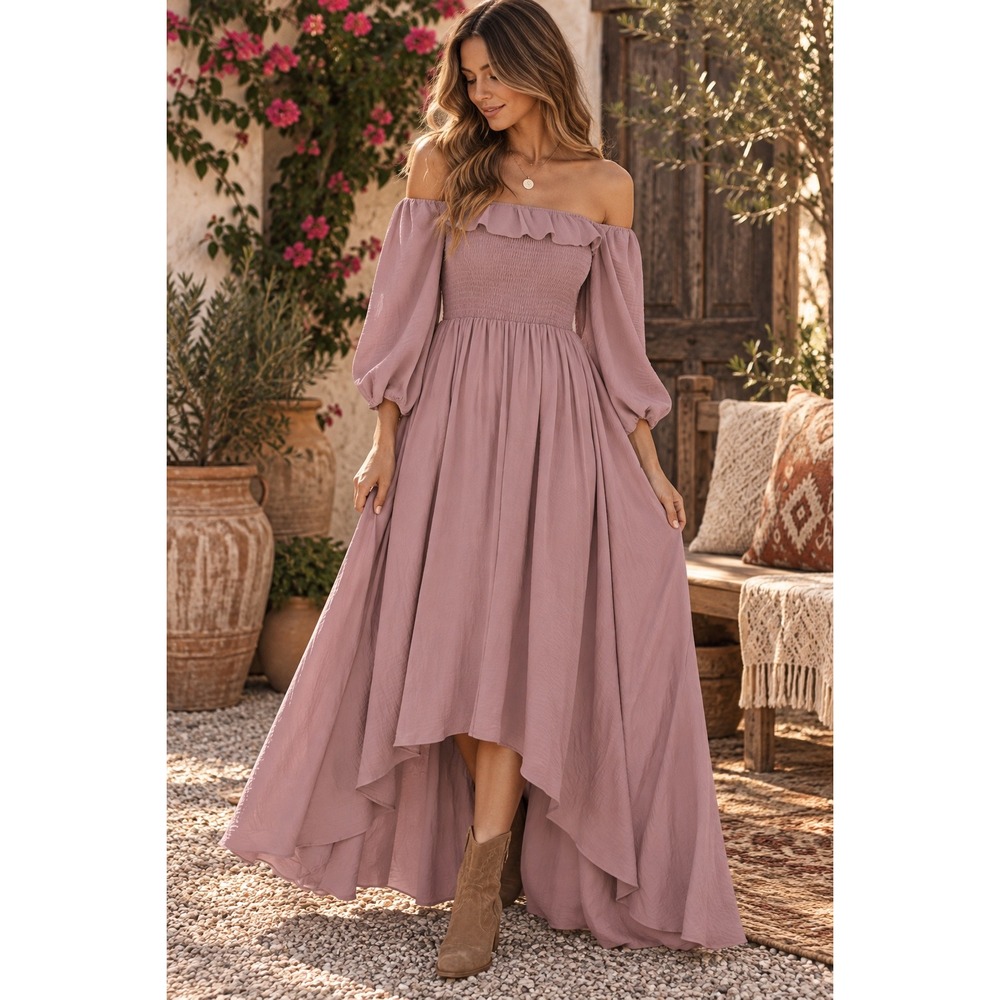 Joyfolie Boho Odette Dress Mauve High Low Maxi Smocked Ruffle Off Shoulder L